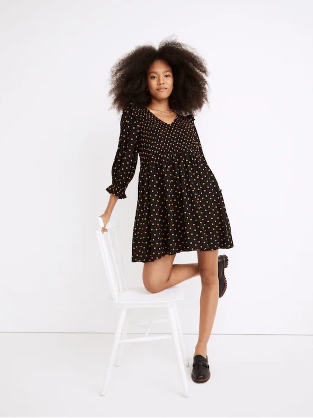 Madewell Lucie V-Neck Smocked Mini Dress in Oval Dot , sz : small